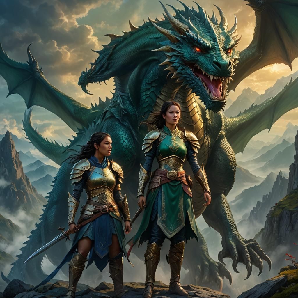Warrior Woman and Dragon on Misty Peak