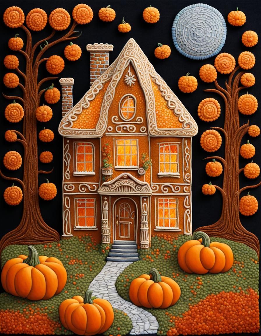 Pumpkin Gingerbread House in Folk Art Style