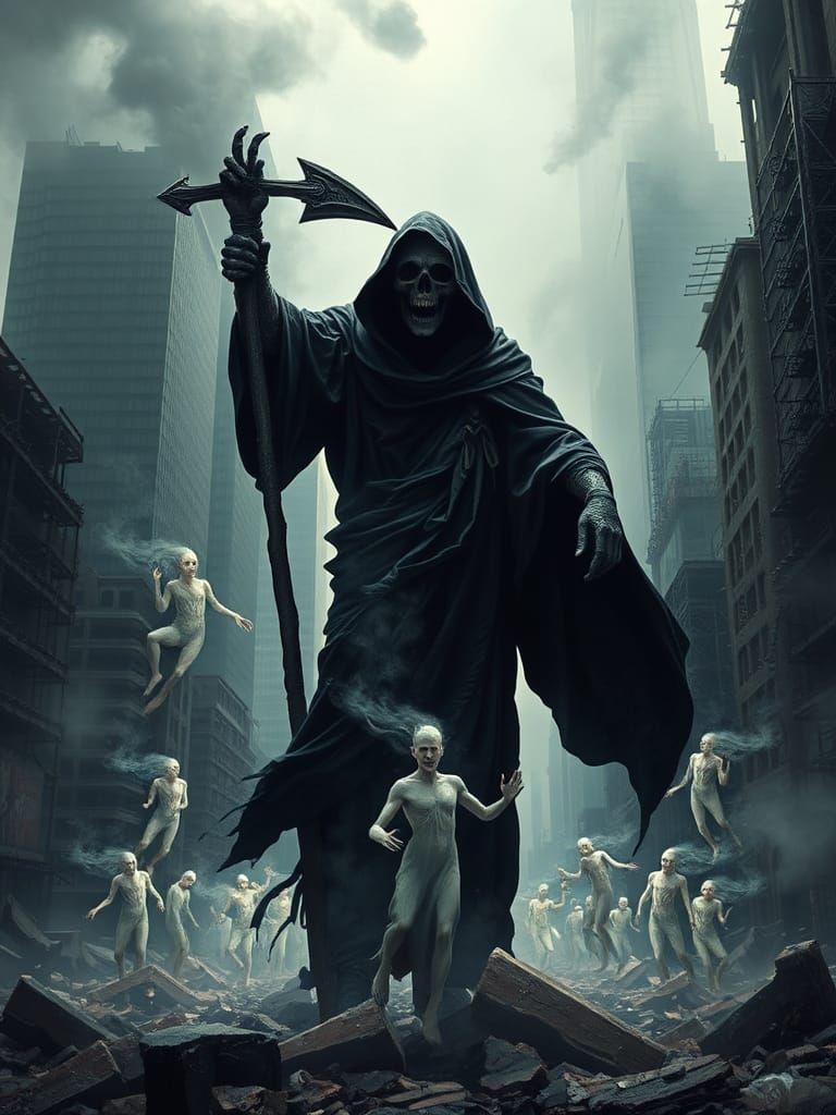 Grim Reaper Rejoices in Ruined Cityscape