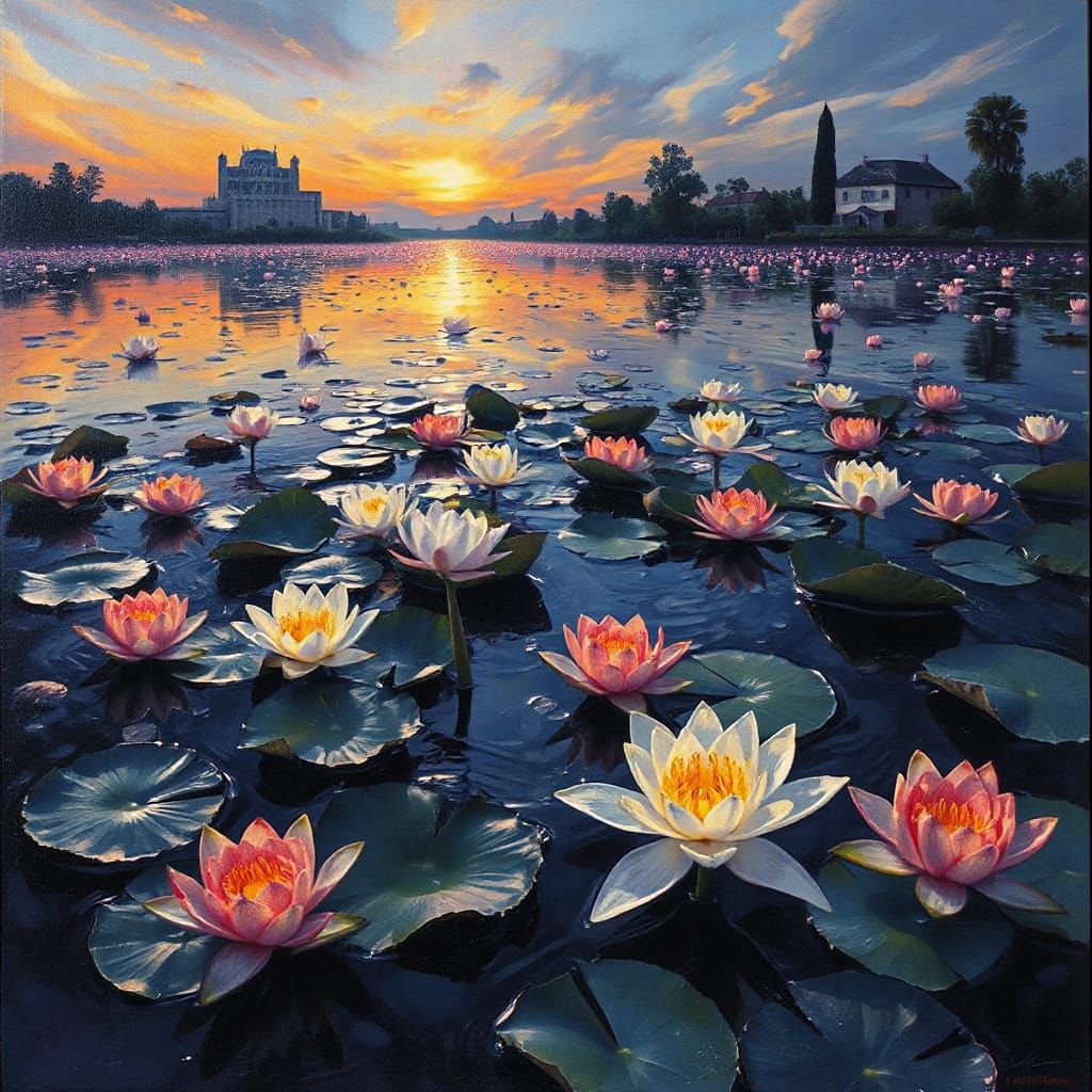 Lotus Pond at Twilight: Hyperrealistic Impressionist Paintin...