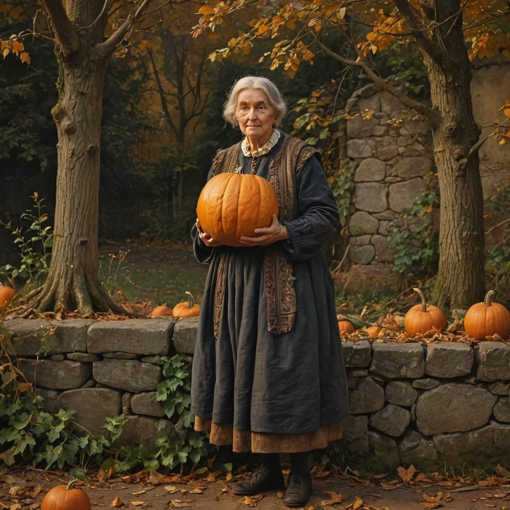 Autumnal Woman with Pumpkin in Renaissance Style