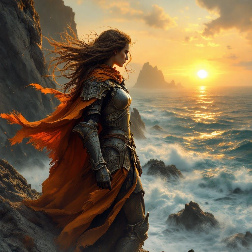 Regal Fantasy Warrior Stands at Cliff's Edge