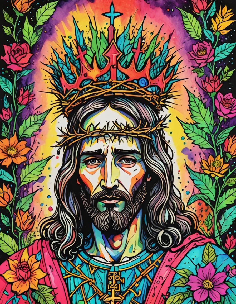 Jesus in Neon Colors Watercolor Drawing