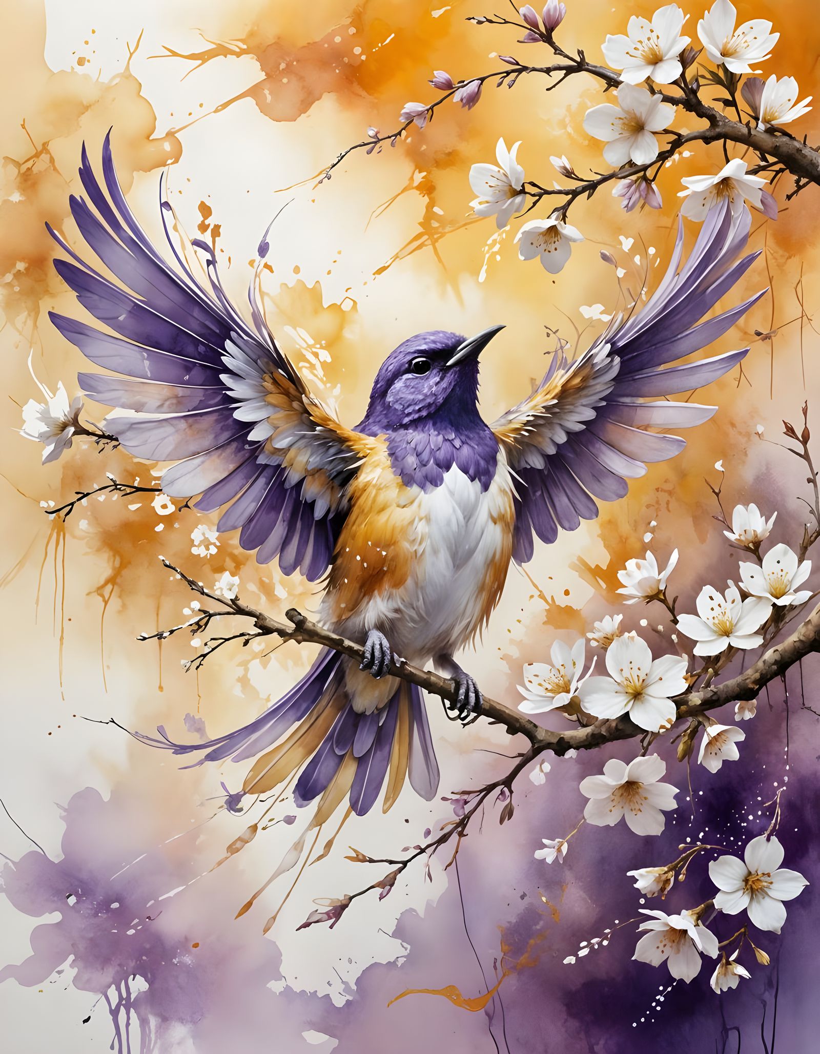 Purple Fantasy Bird on Blossoming Branch, Watercolor Art