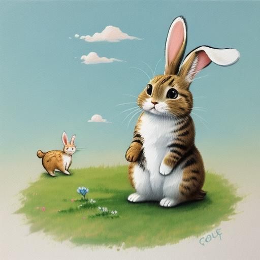 Whimsical Bunny with Cat Tail: Gouache Painting