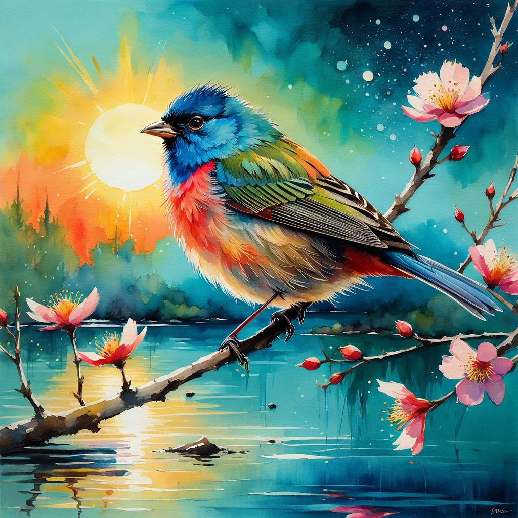 Watercolor Bunting Bird on Blooming Branch