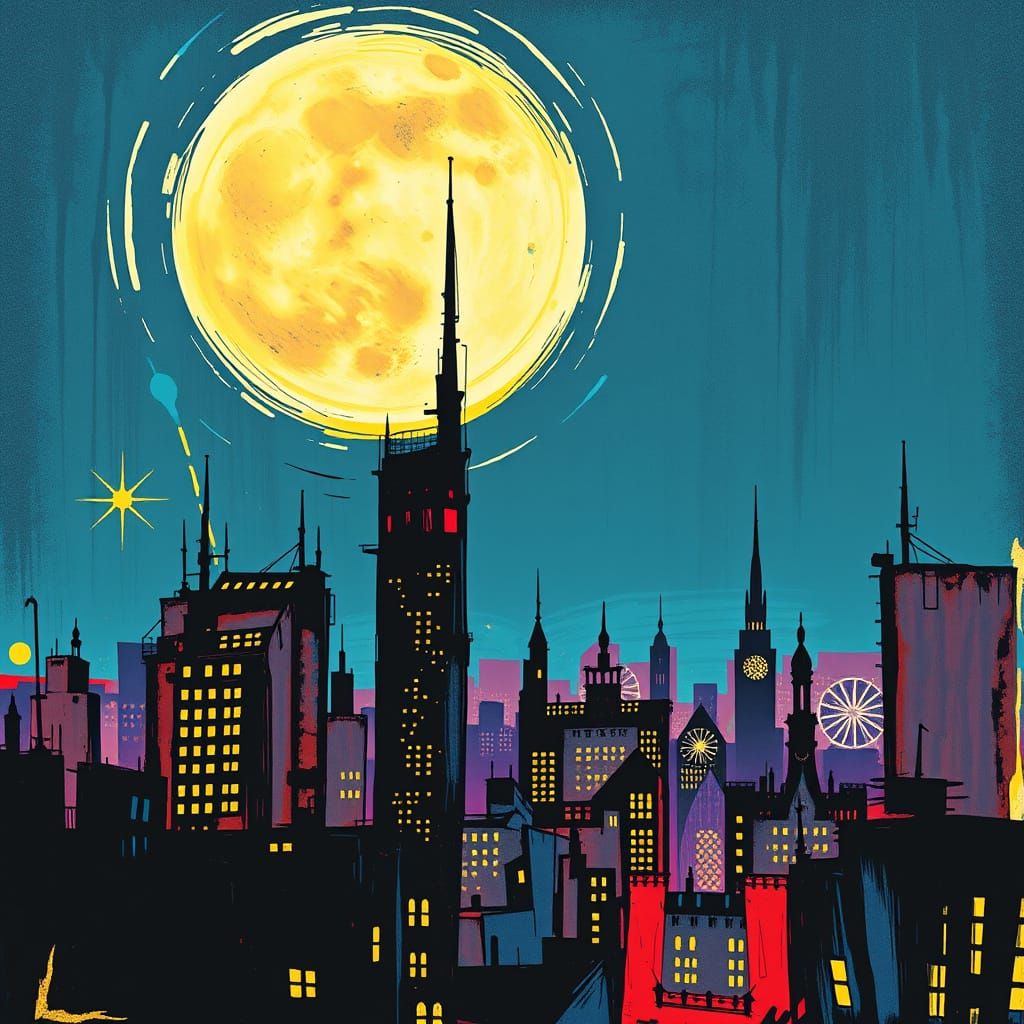 Surreal Moonlight Over Gotham City Sketch