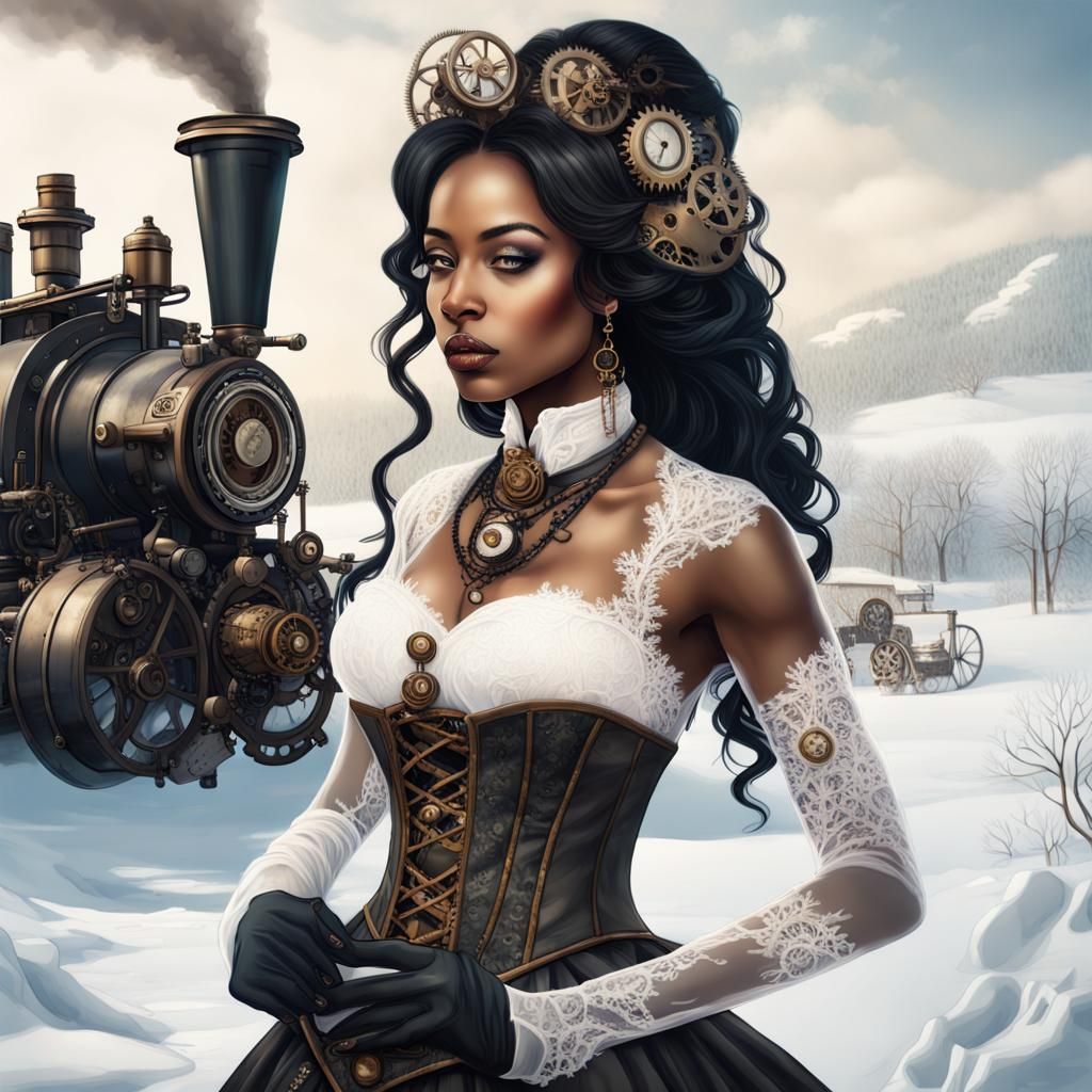 Steampunk bride Beautiful woman melanin, long black hair, steampunk wedding dress, vintage gears, Victorian-era fashion,...