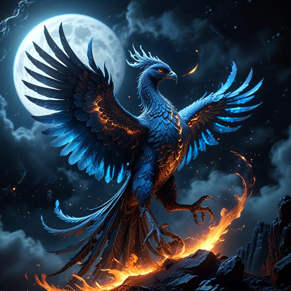 Ethereal Phoenix Against a Full Moon in a Dark Night Sky