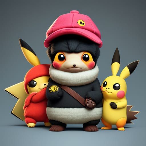 Pikachu and Cheburashka in Whimsical Cartoon Style