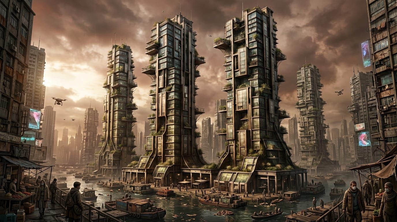 Visually Striking Dystopian Maximalist Cityscape
