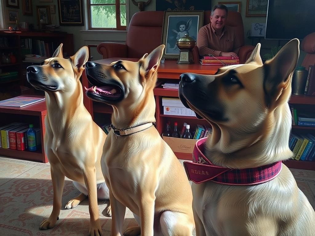 Three Dogs in Meadow, Painted Realism Style