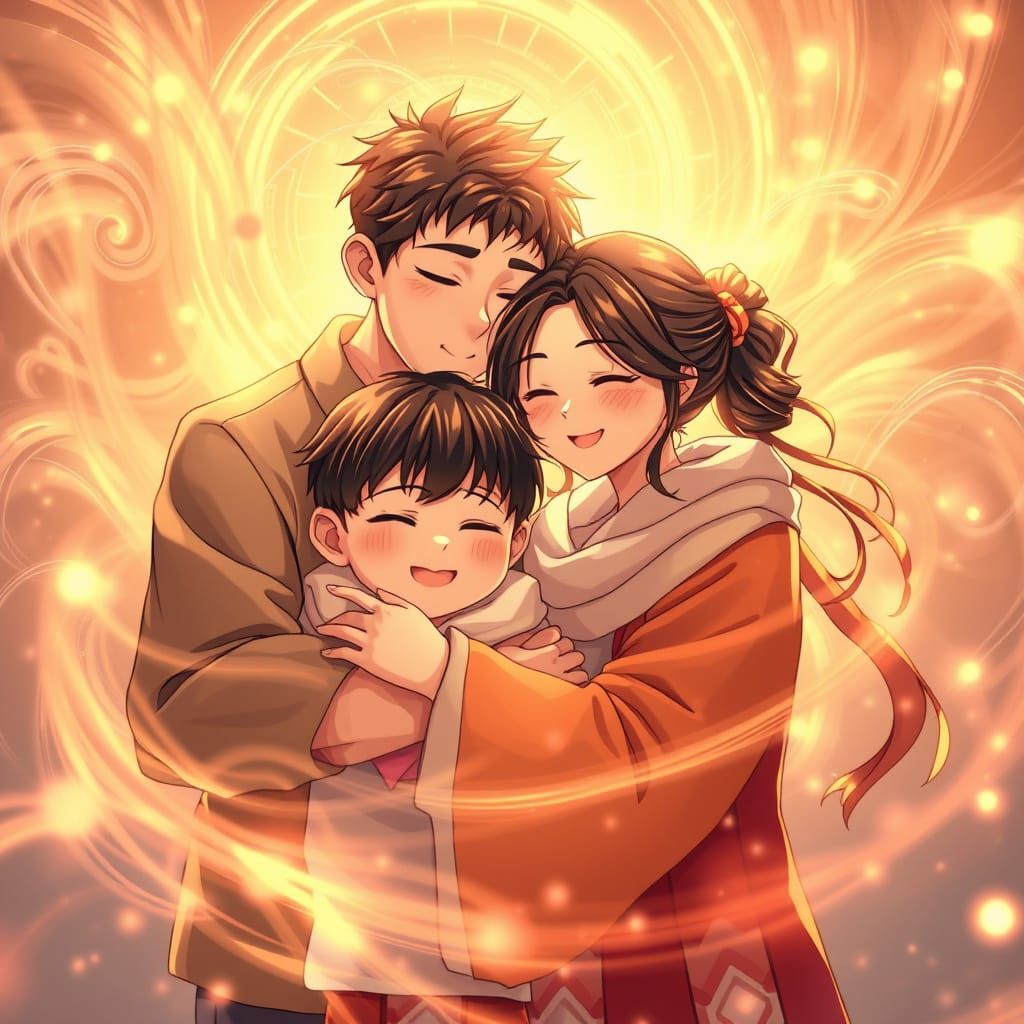 Loving Family Embracing in Vibrant Anime Aura