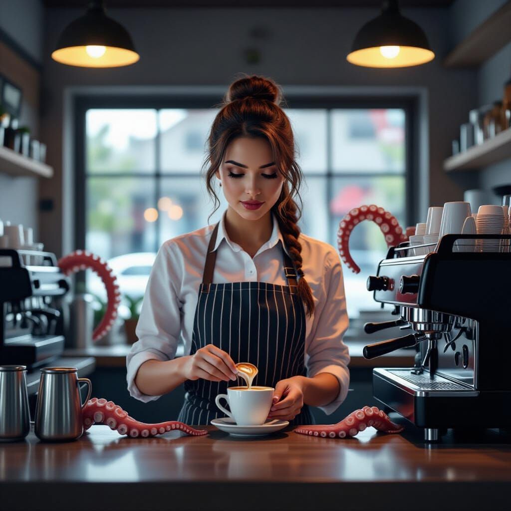 Barista Preparing Coffee with Eerie Tentacles, Photorealisti...