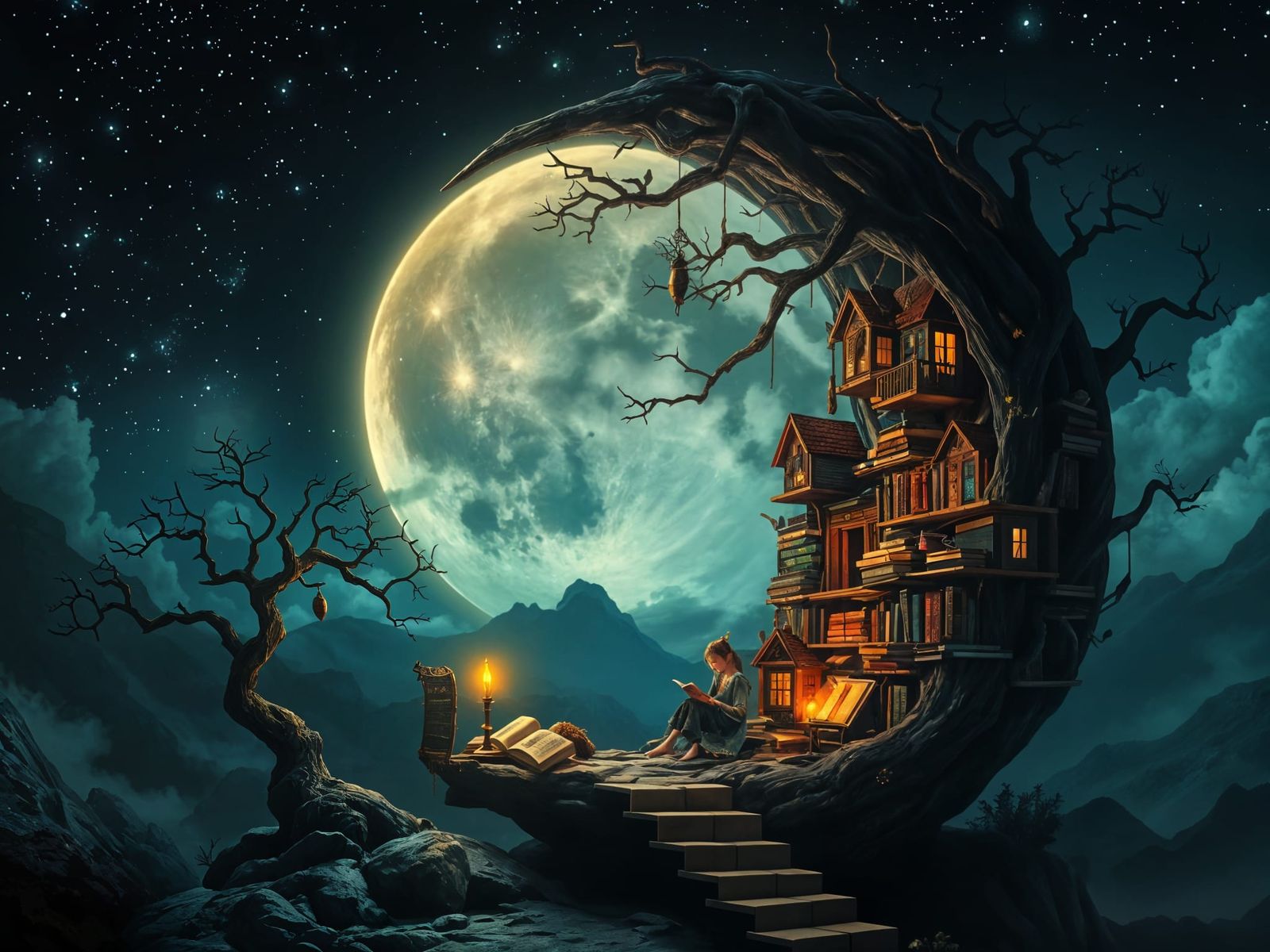 Surreal Fantasy Bookstore Within the Sliver Moon