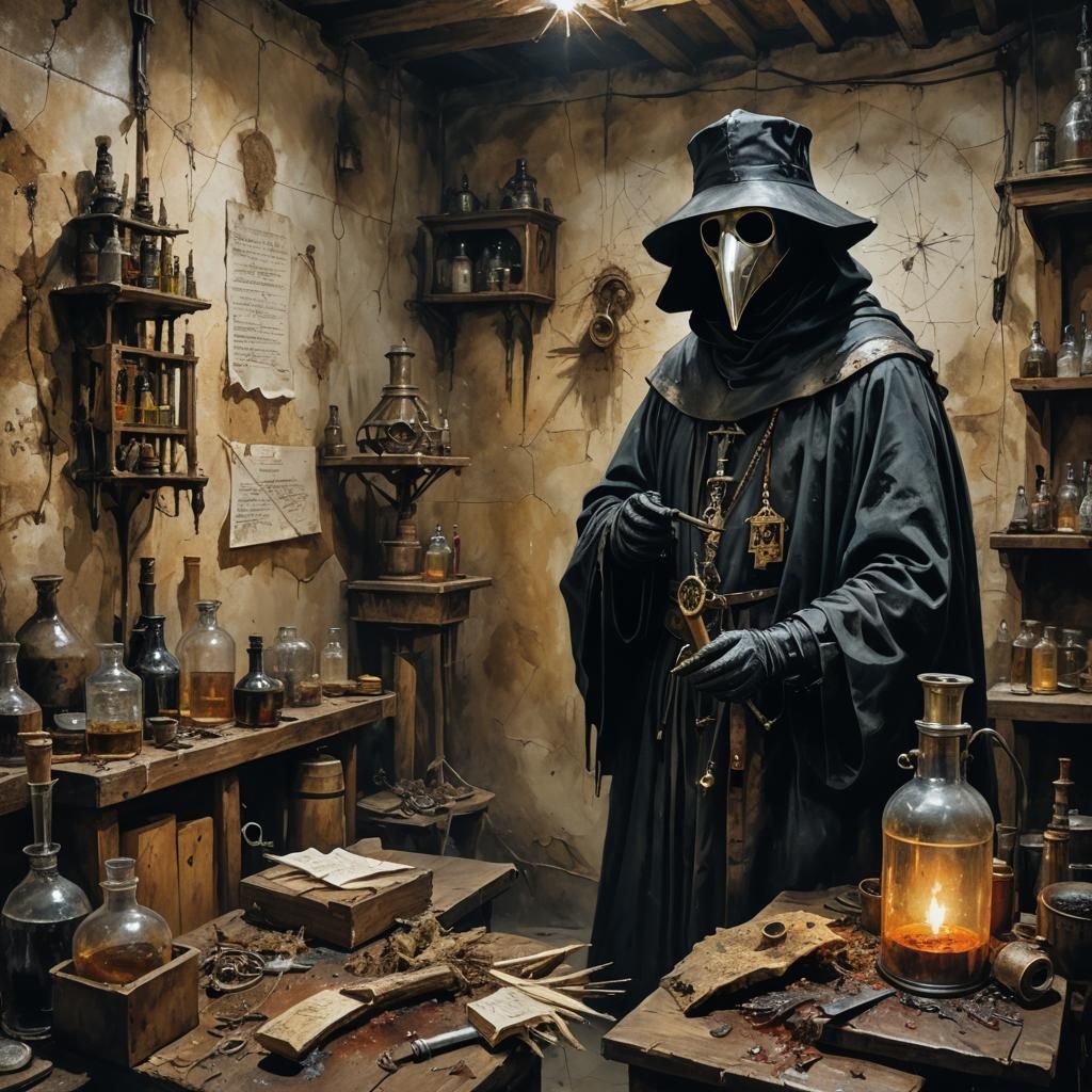 Medieval Plague Doctor in Alchemist's Laboratory