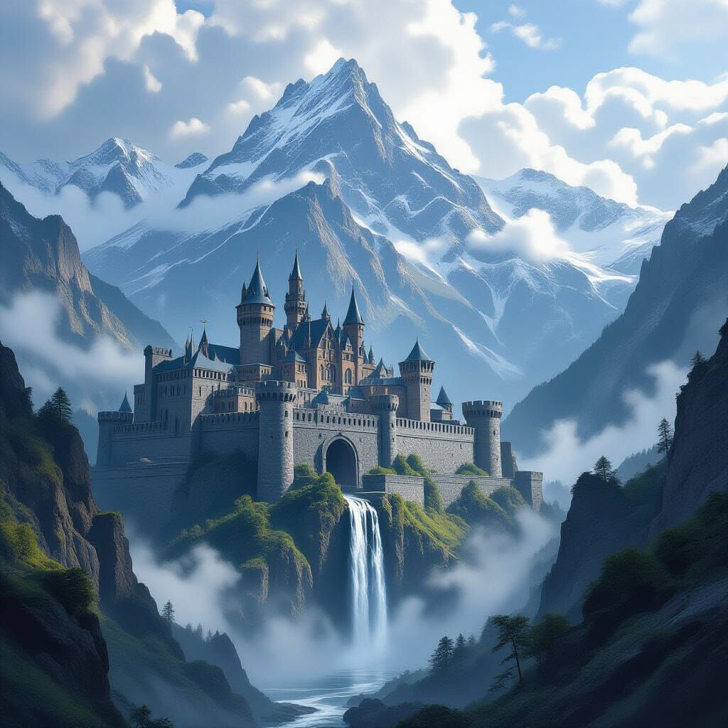 Majestic Mountain Castle with Waterfalls