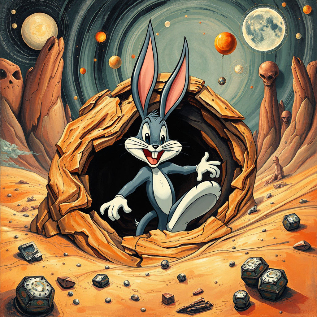 Bugs Bunny Bursts from Hole in Surreal Landscape