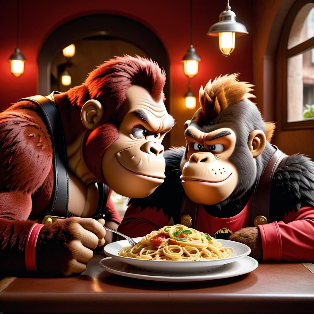 Donkey Kong and Bowser Enjoying Italian Meal