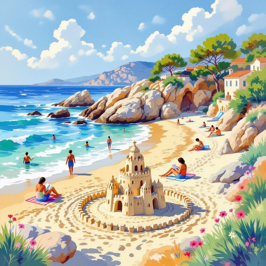 Mediterranean Beach Scene in Watercolour Style