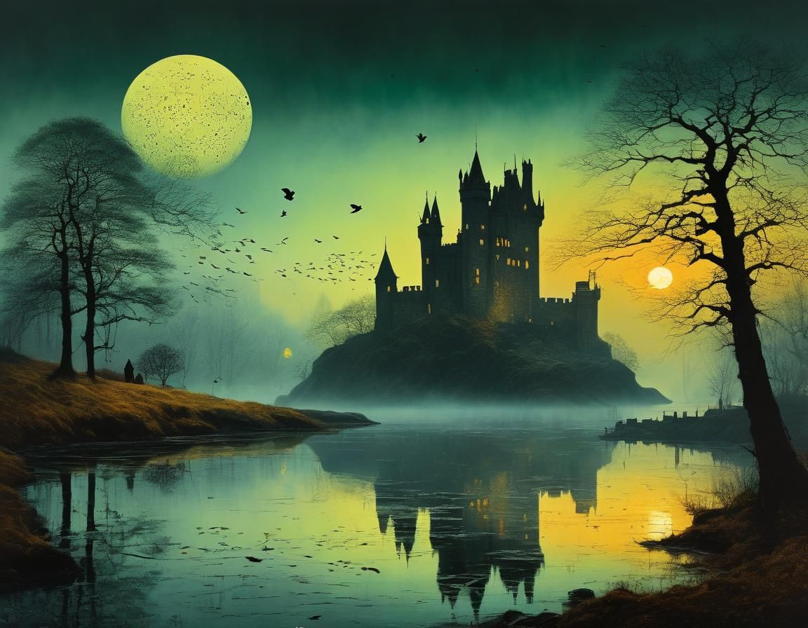 Misty Castle Landscape in Romantic Realist Style