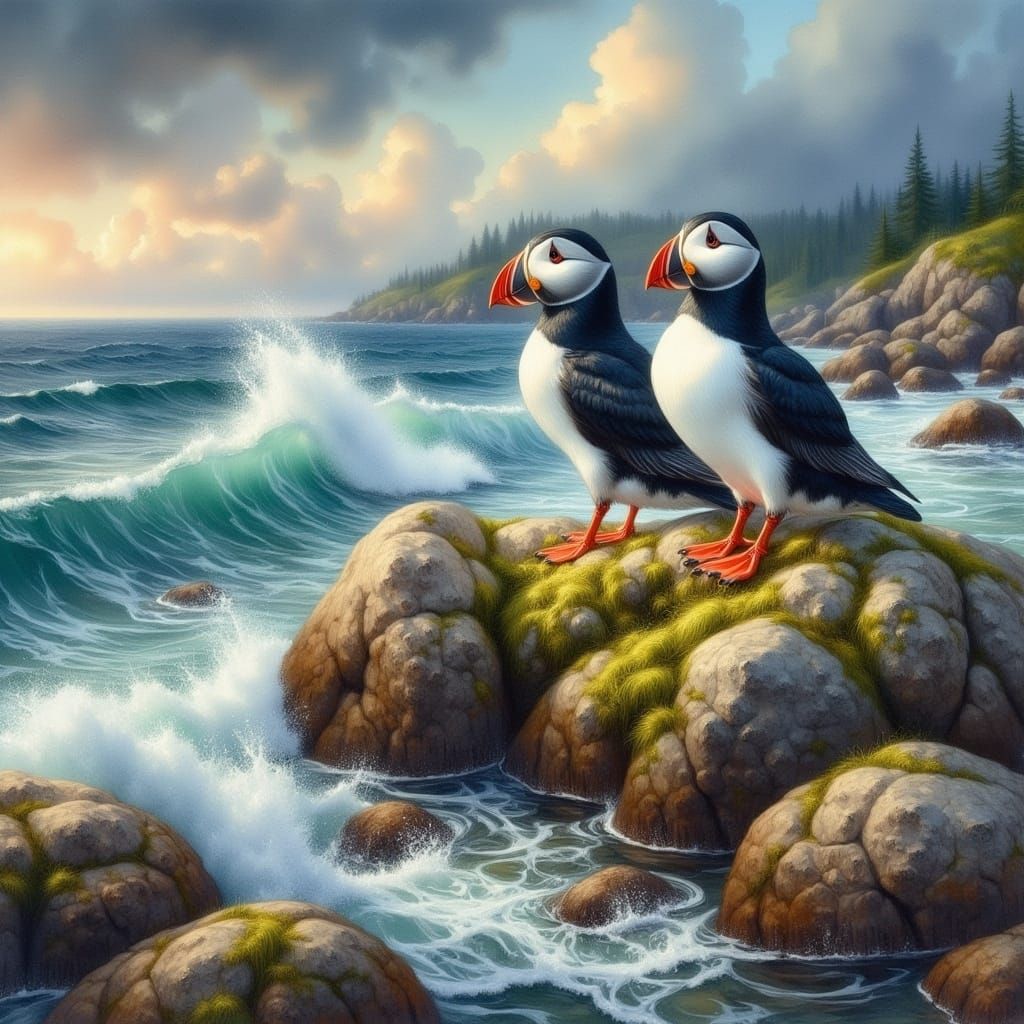 Puffin Pair on Rocky Coast, Impressionist Watercolor