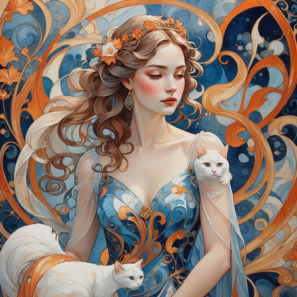 Elegant Lady with White Cat in Art Nouveau Style