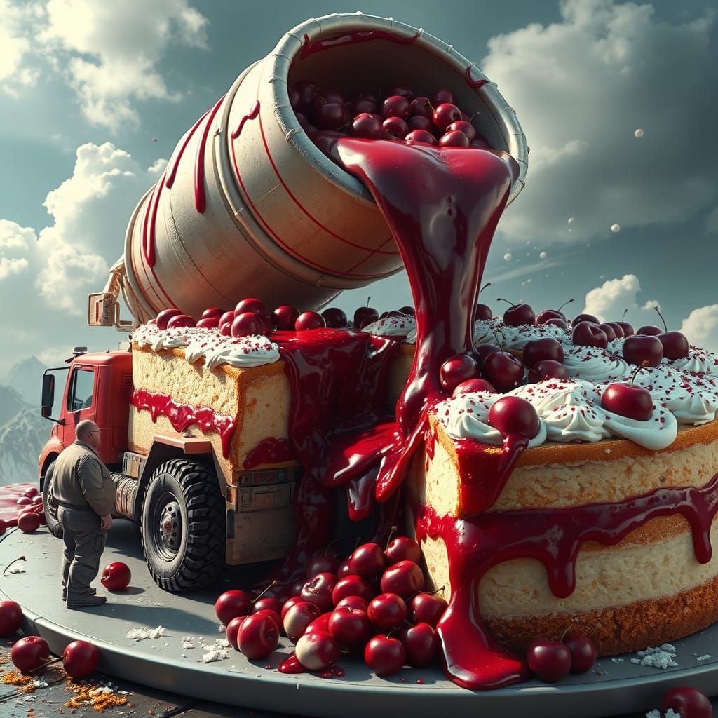 Surreal Cherry Cheesecake Scene in Fantasy Art Style