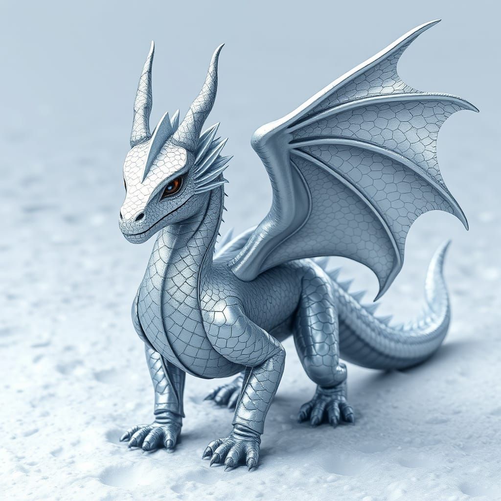 Realistic Silver-White Dragon Standing on Snowfield