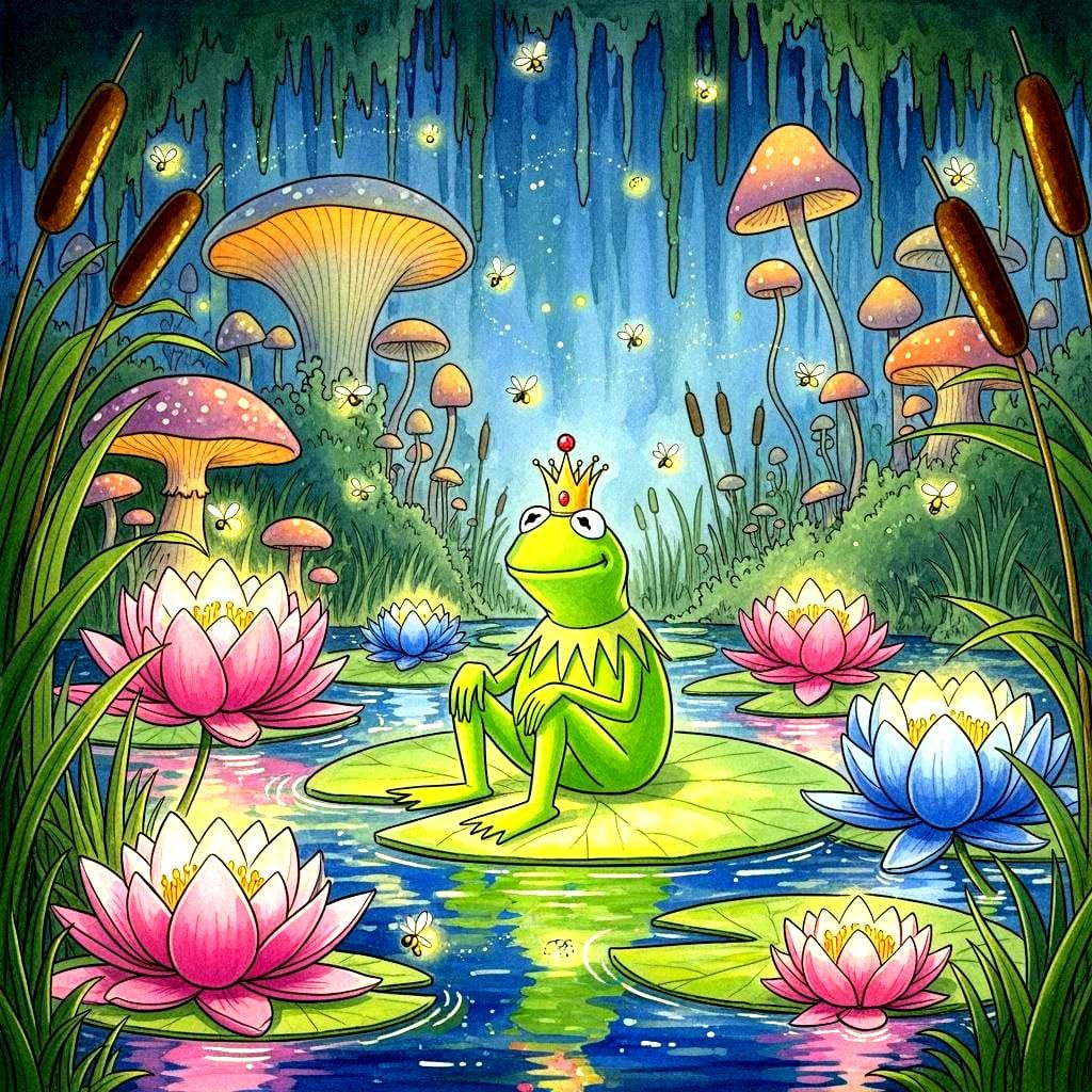 Kermit the Frog Rules a Magical Swamp Kingdom in Watercolor