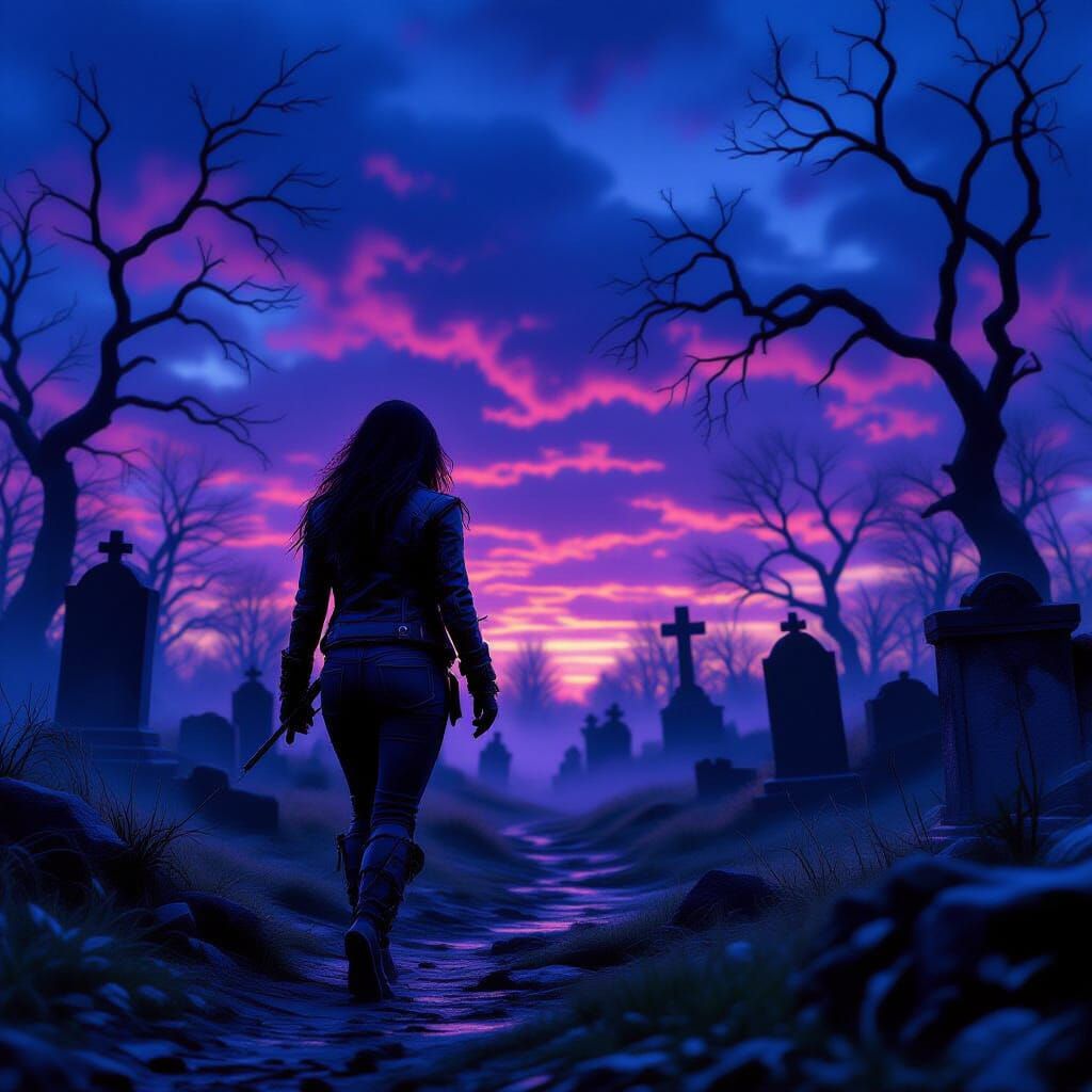 Survivor in Overgrown Graveyard at Twilight