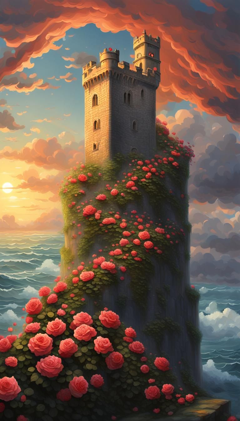 Gloomy Rose-Covered Tower on a Cliff at Sunset