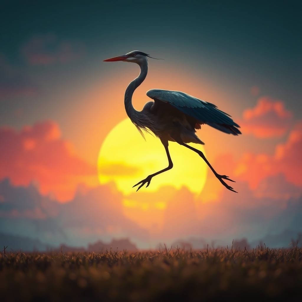 Majestic Heron Silhouette in Dreamlike Landscape