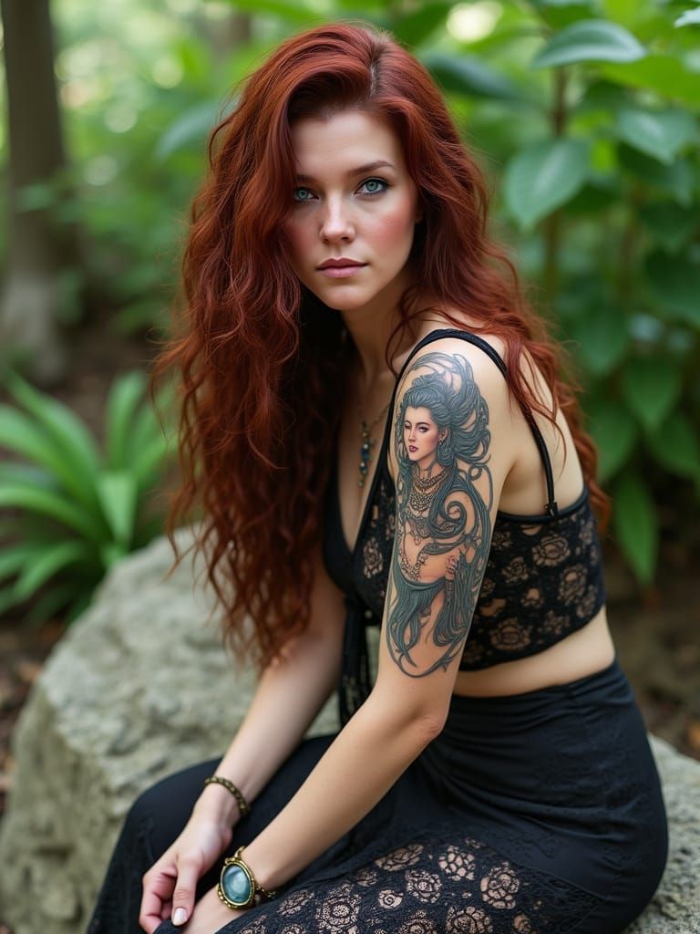 Beautiful Woman with Kuan Yin Tattoo in Garden