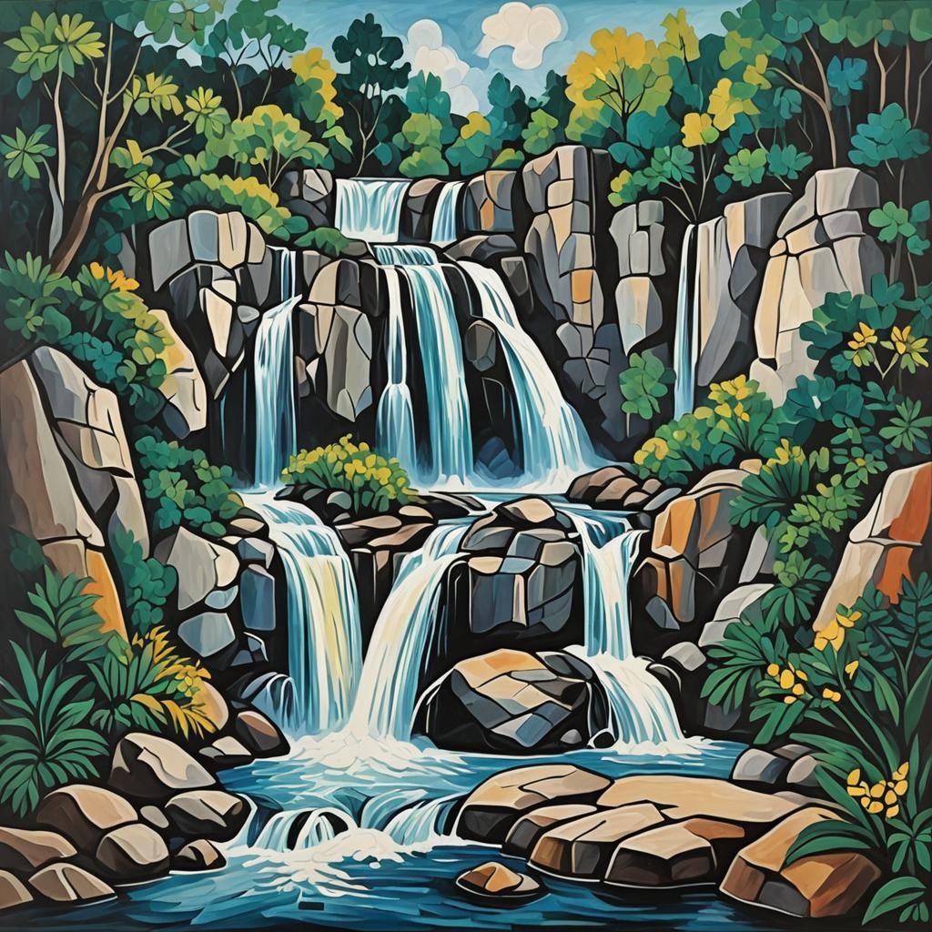 Cubist Waterfall Painting in Picasso Style