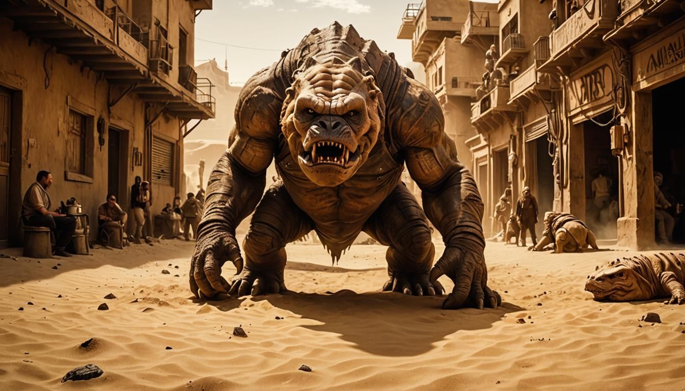Rancor Monster Roams Tatooine in Cinematic Film Still