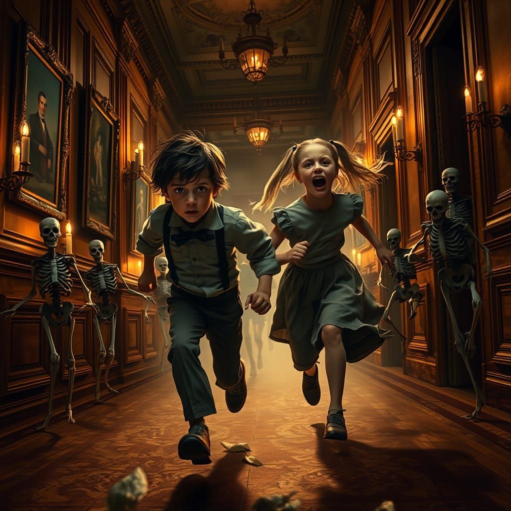 Children Fleeing Skeletons in Victorian Horror Scene