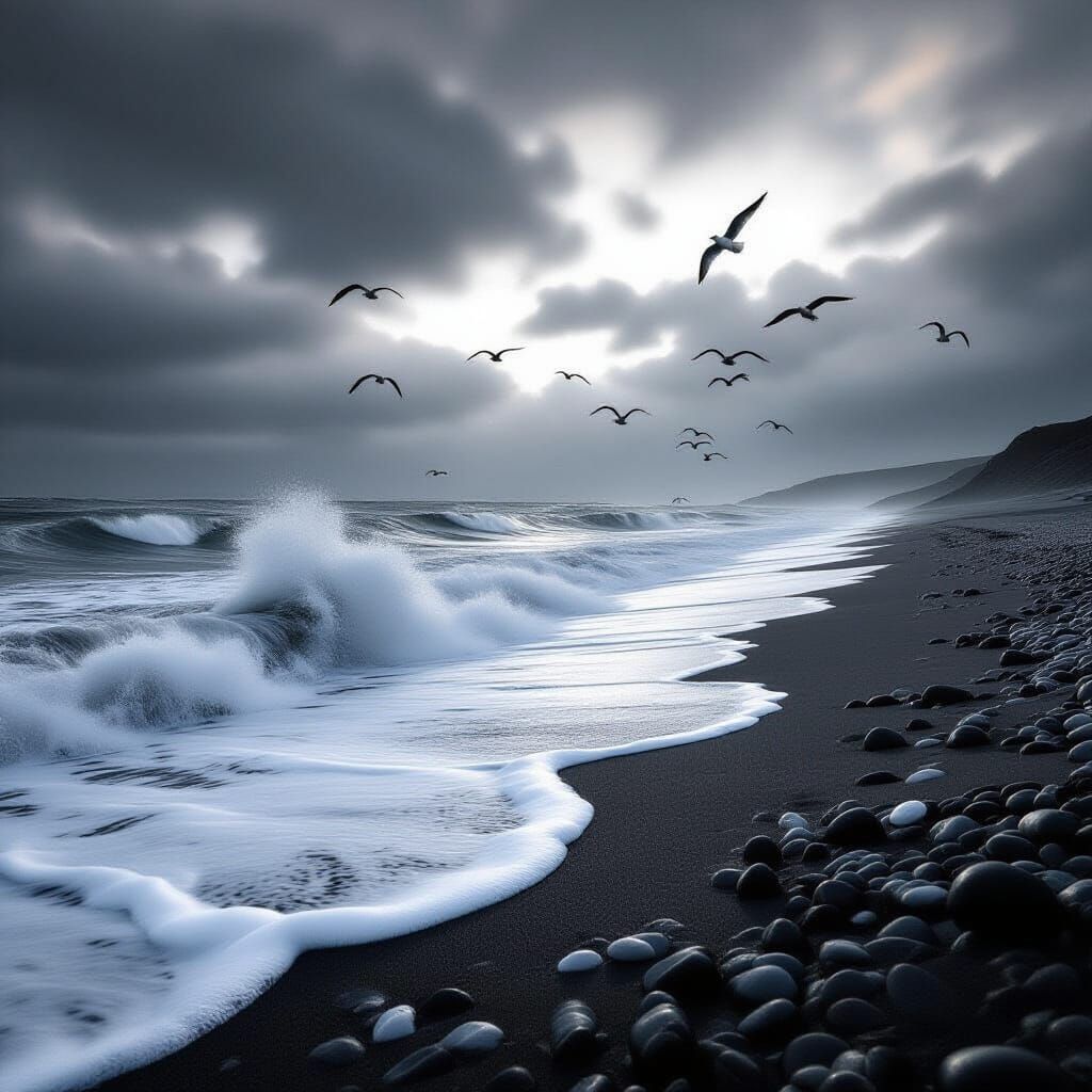Windswept Beach at Sunset: Black and White Photography