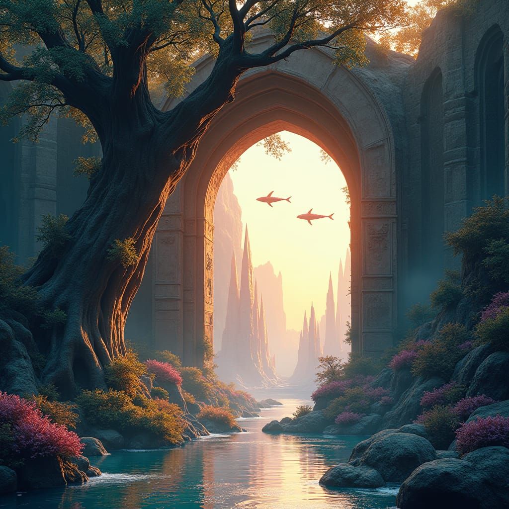 Mystical Dreamscape: Lush Foliage and Futuristic Metropolis