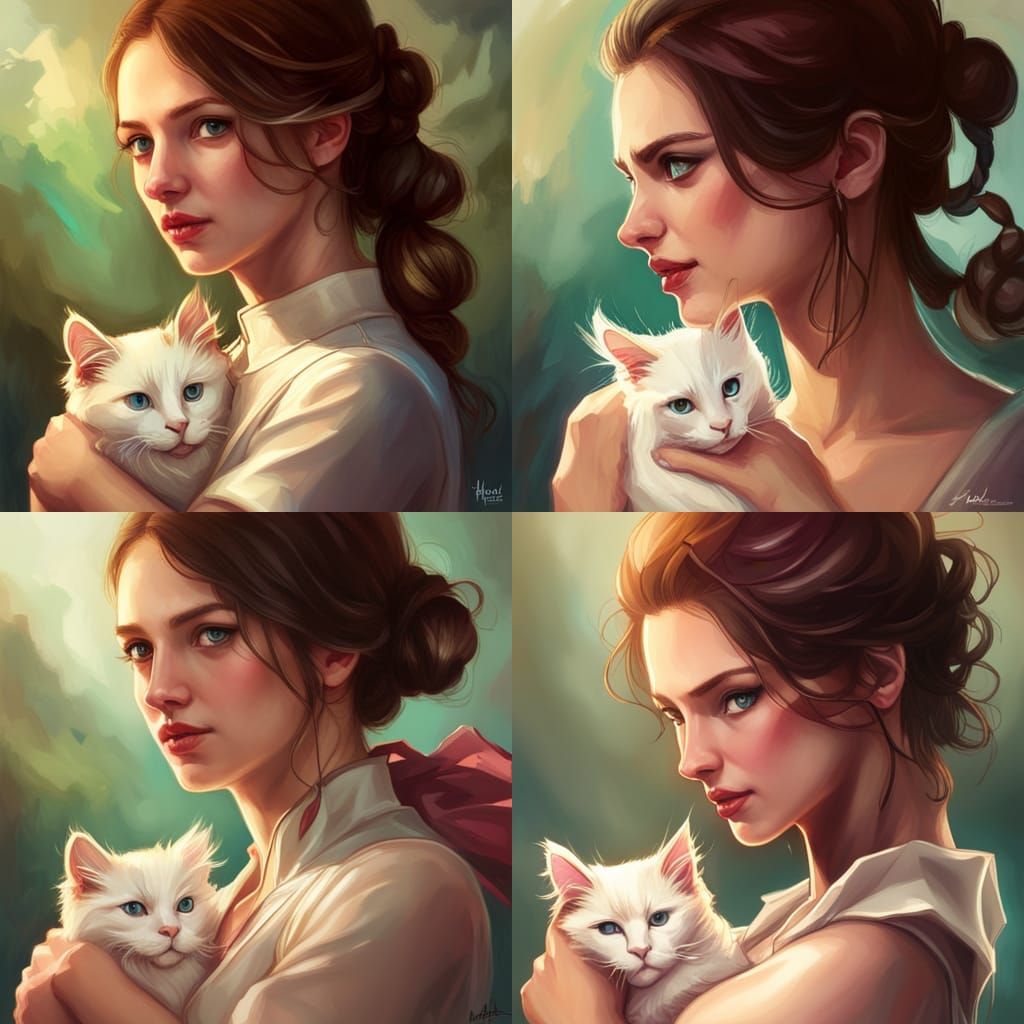 Woman with White Cat: Hyperdetailed Portrait