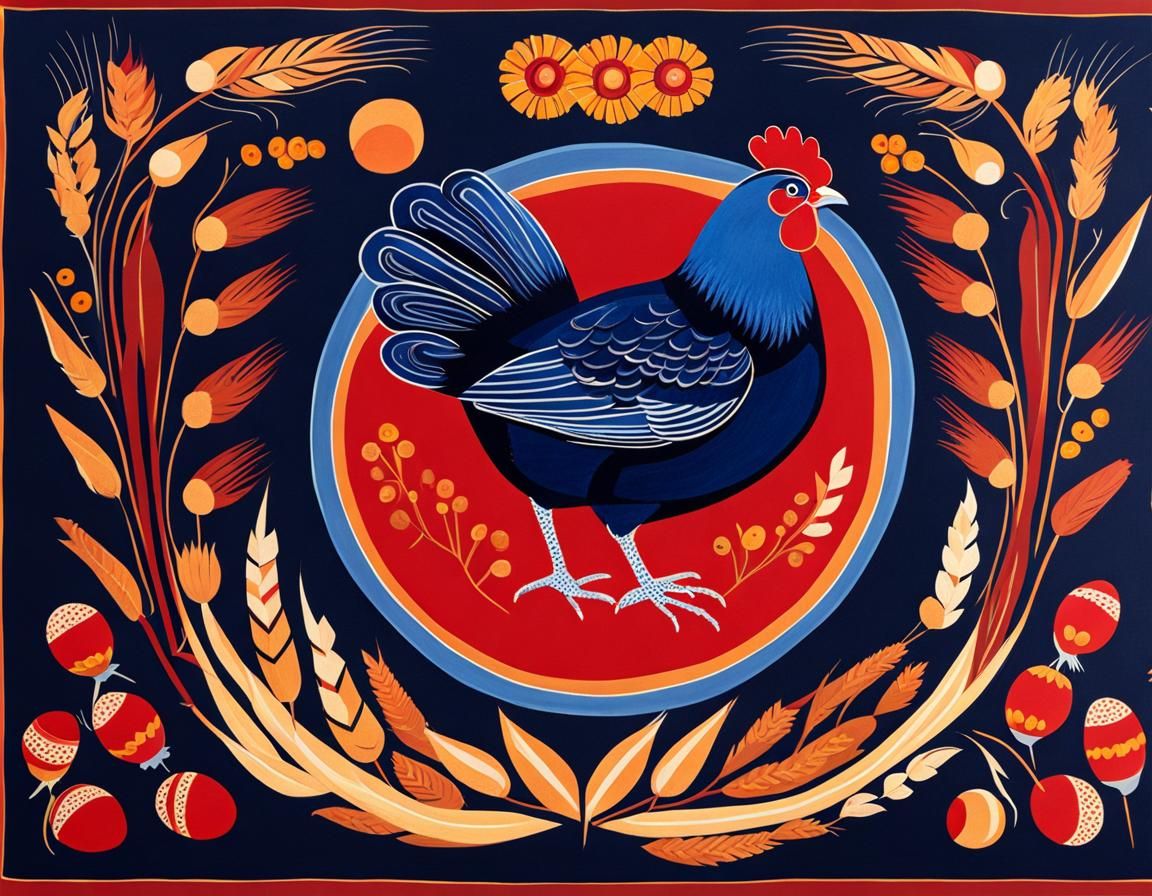 Folk Art Gouache Painting of a Dark Blue Chicken