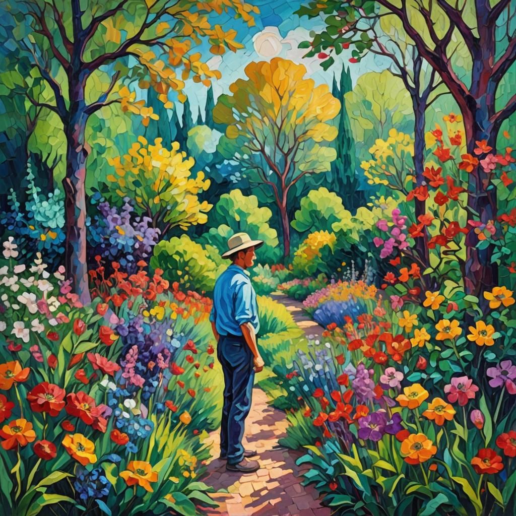 Neo-Impressionist Garden Scene with Impasto Texture