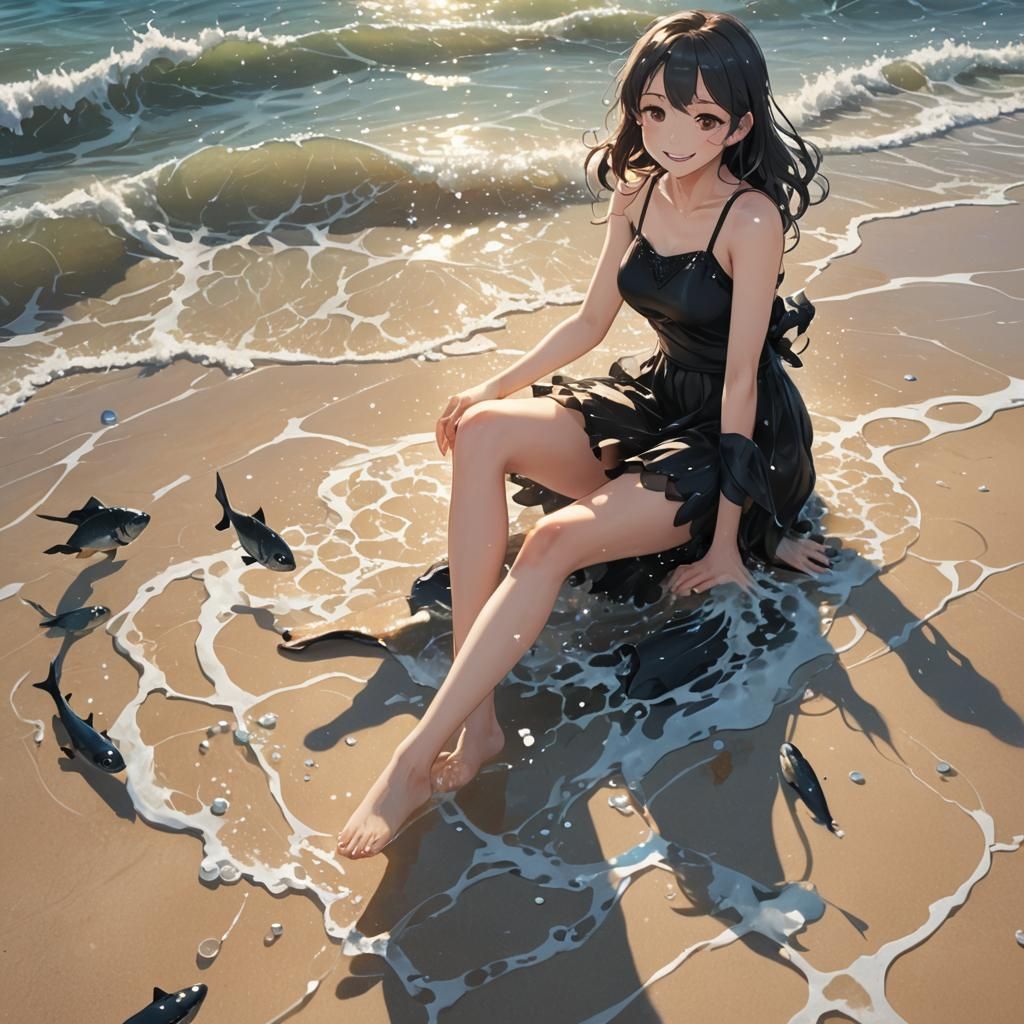 Anime Girl at Beach with Sparkling Water