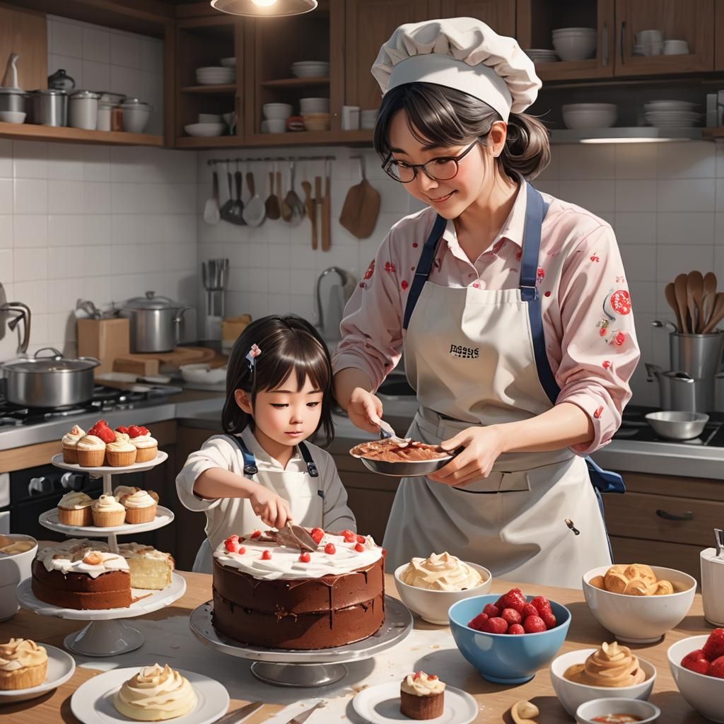 Child Baking Cake with Mother: 3D Anime Art