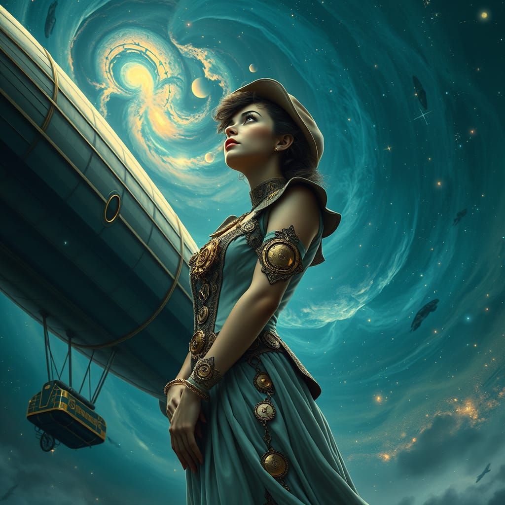 Steampunk Explorer Beside Zeppelin in Art Nouveau Style