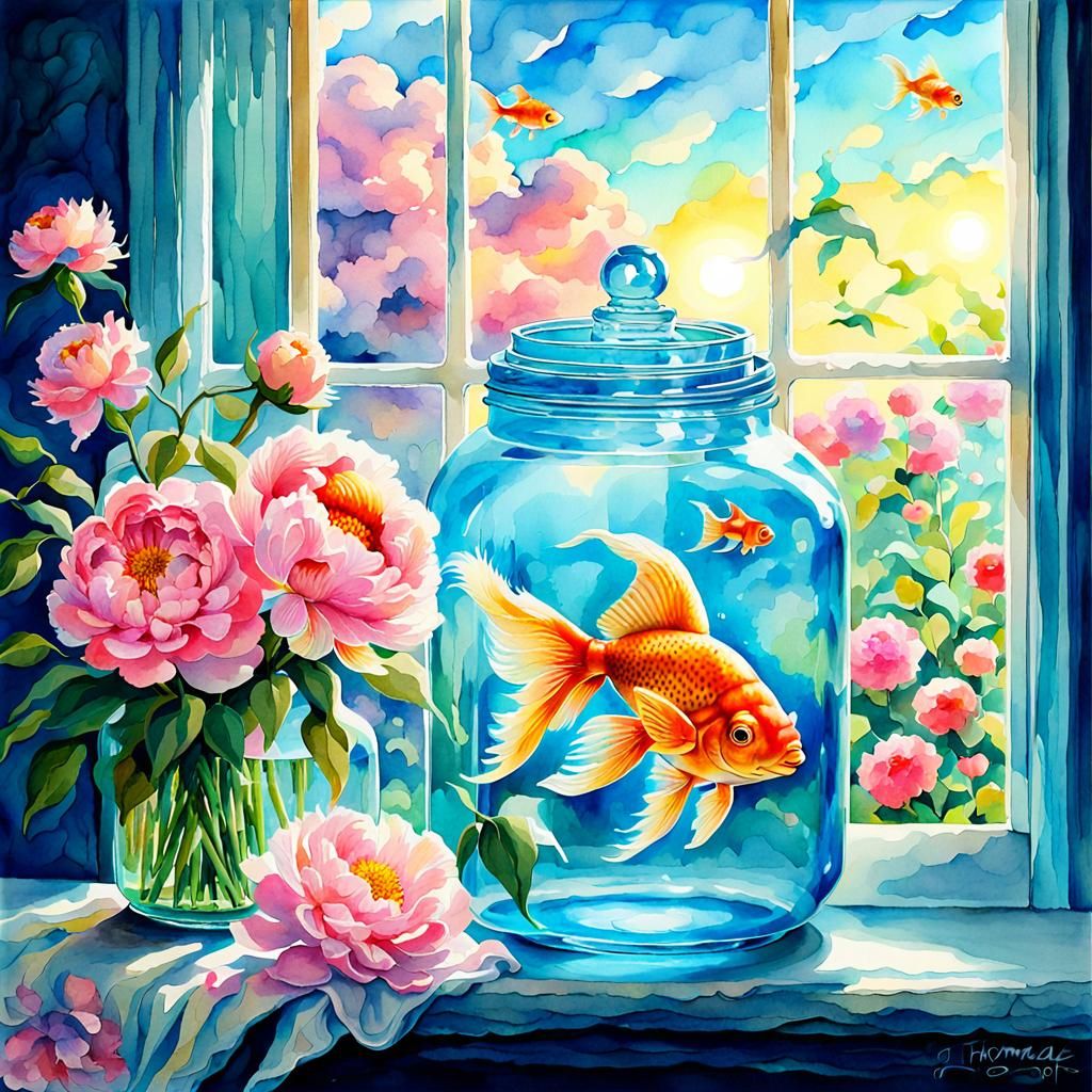 Watercolor
large aqua jar
One Goldfish swimming in jar
Pink Peony bouquet in jar
Sitting on bright blue windowsill
Wate...