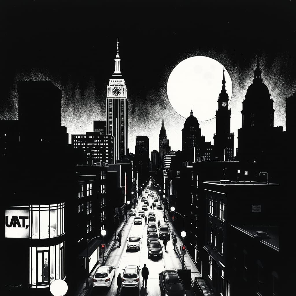 Art Deco Cityscape in Film Noir Style