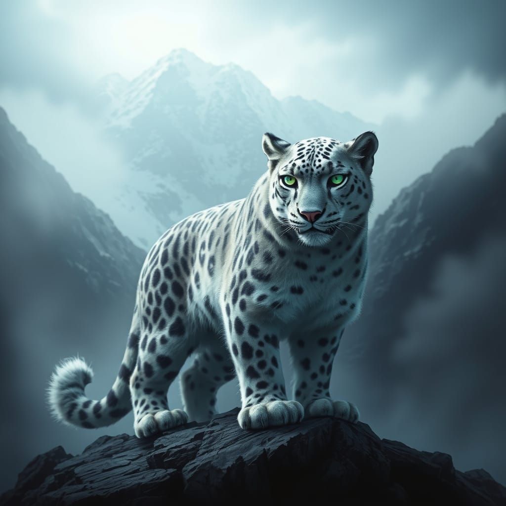 Majestic Snow Leopard Amidst Icy Mountain Range