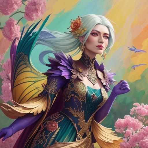 Dragon Peacock Woman in Vibrant Art Nouveau Style