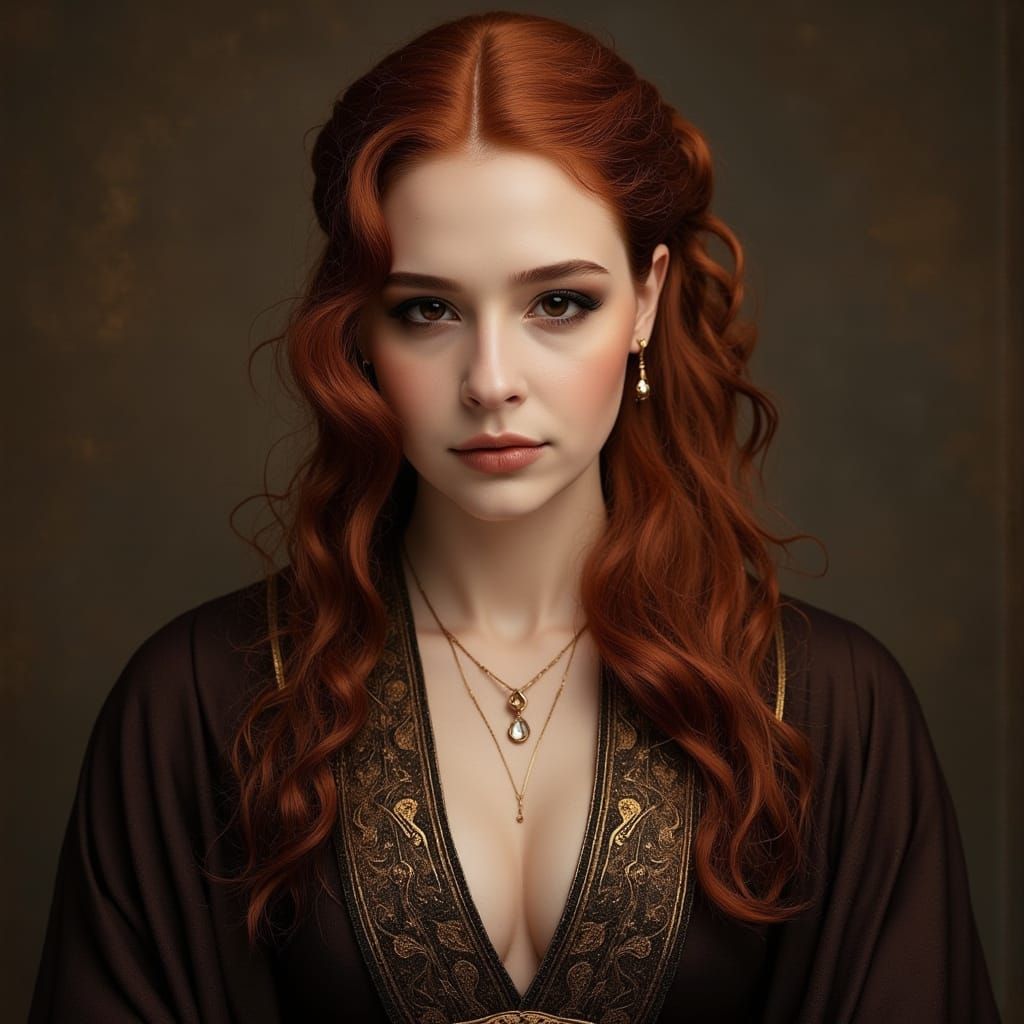 Gothic Goddess in Dark Brown Jedi Robe with Auburn Hair